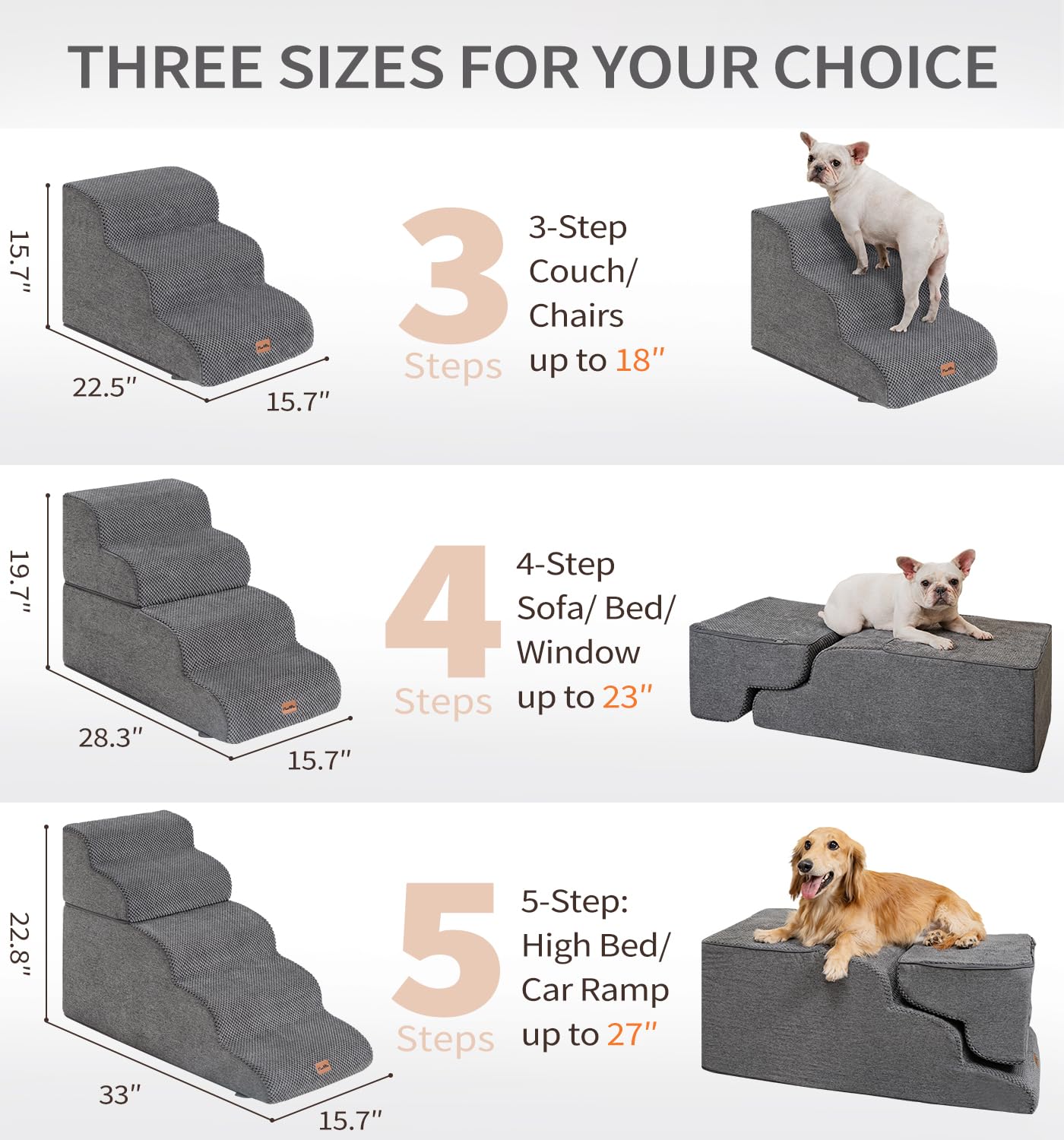 Made4Pets dog stairs grey 3-step on sofa support for smooth transitions.