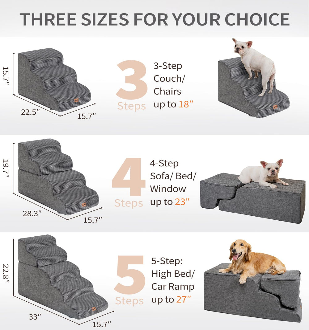 Made4Pets dog stairs grey 3-step on sofa support for smooth transitions.