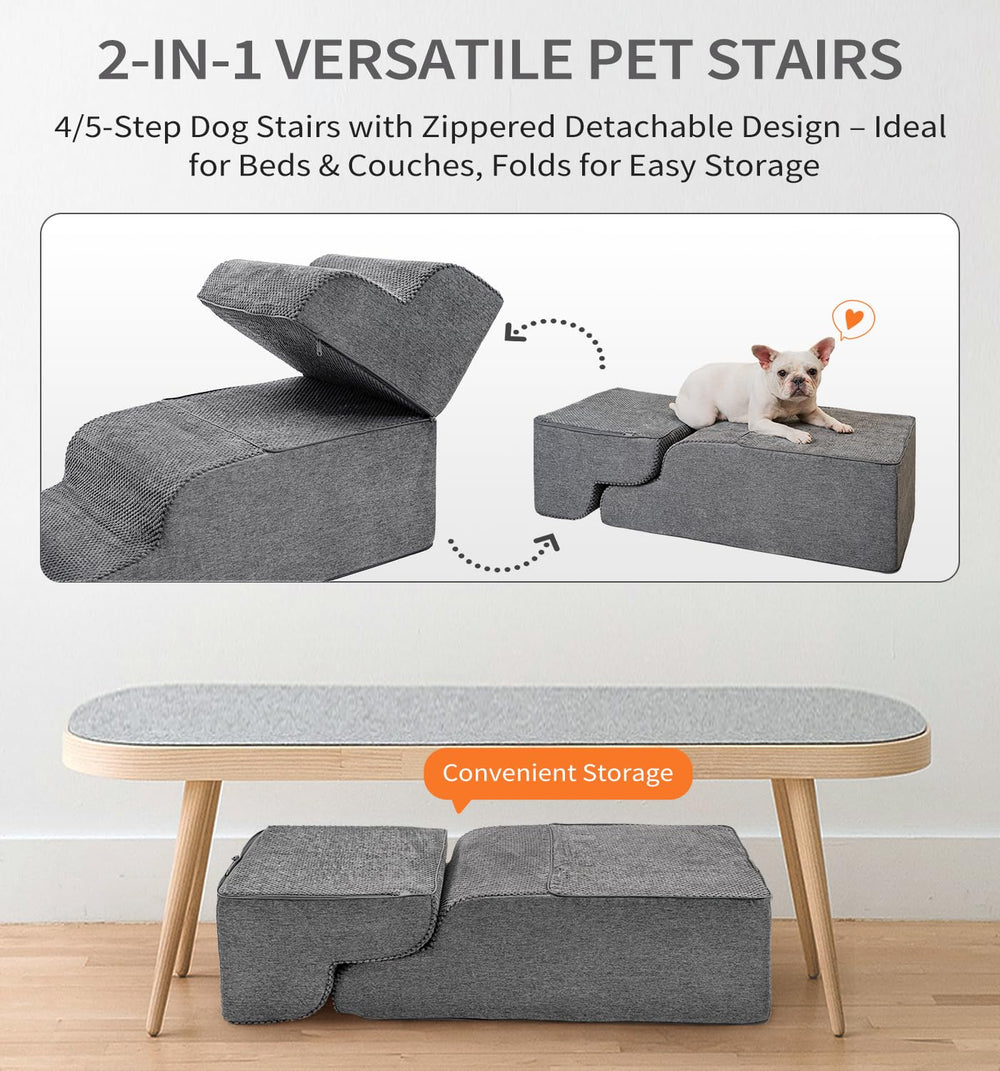 Made4Pets dog stairs grey in use by a small dog climbing up.