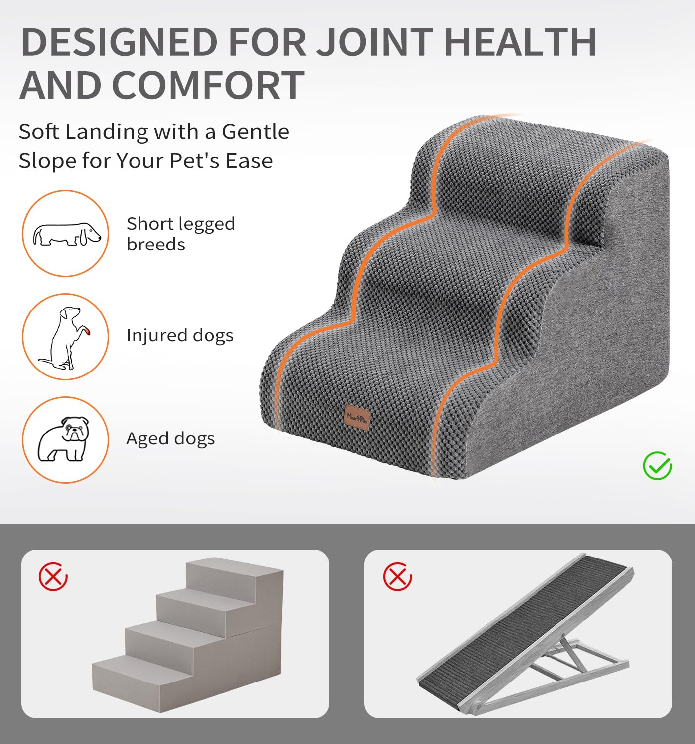 Made4Pets dog stairs grey non-slip bottom keeps steps steady on floors.