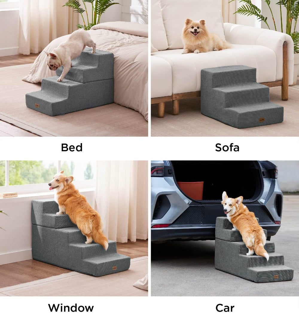MADE 4 PETS Made4Pets 4-step stairs grey side view, helps small dogs reach couches confidently.