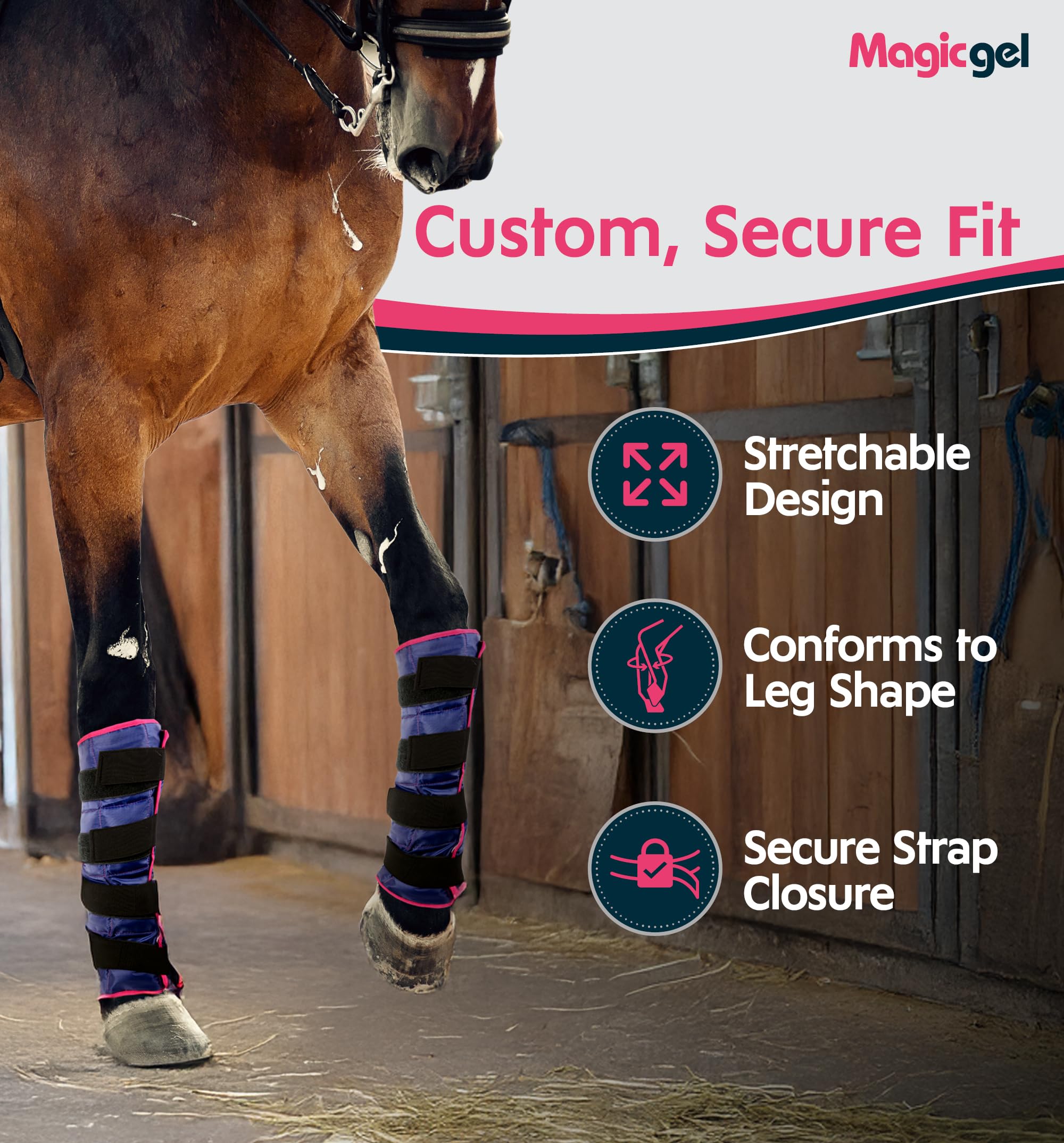 Magic Gel horse ice pack is freezer-ready for quick cooling.