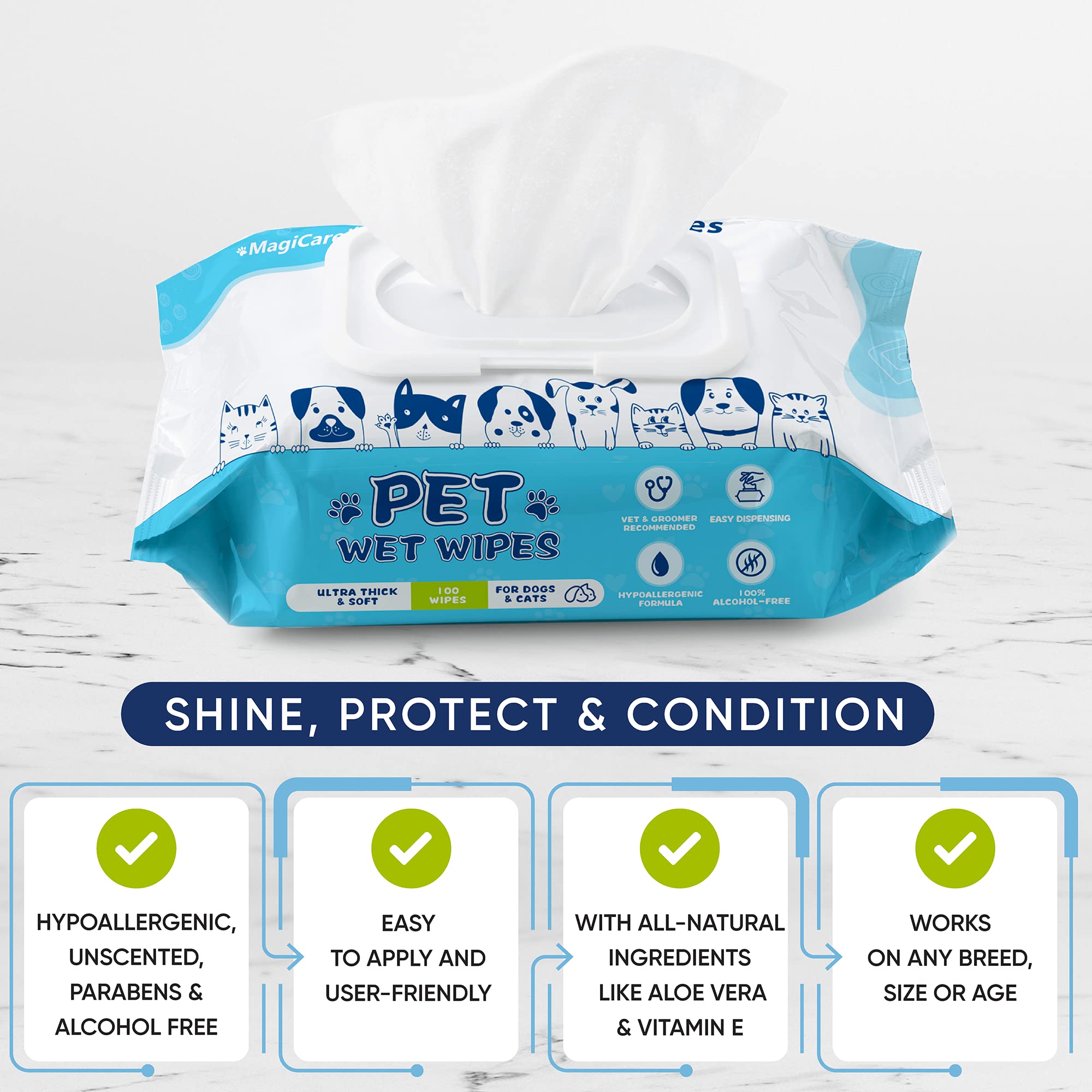 Magicare pet wipes paw cleaning, helps keep paws clean between walks.