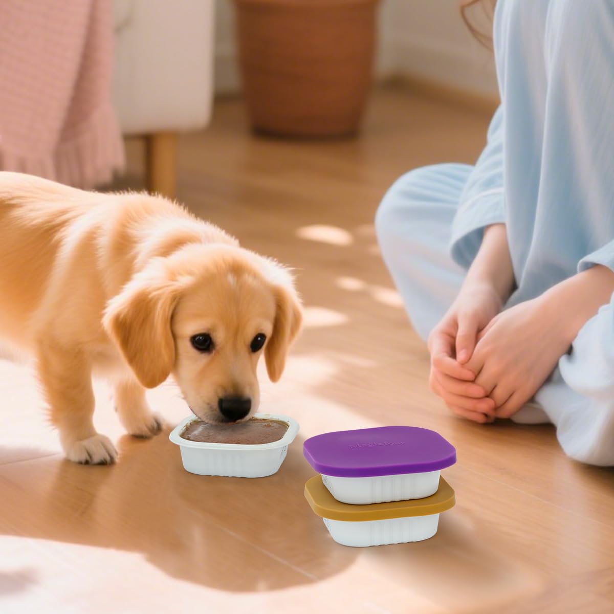 Magicfour lid in use on a Cesar can preserves contents and reduces odor.