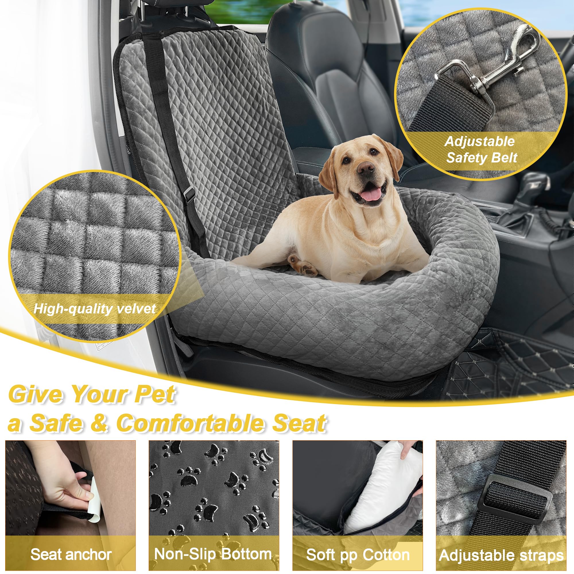MagicFox dog car seat back view gray emphasizes adjustable safety straps.