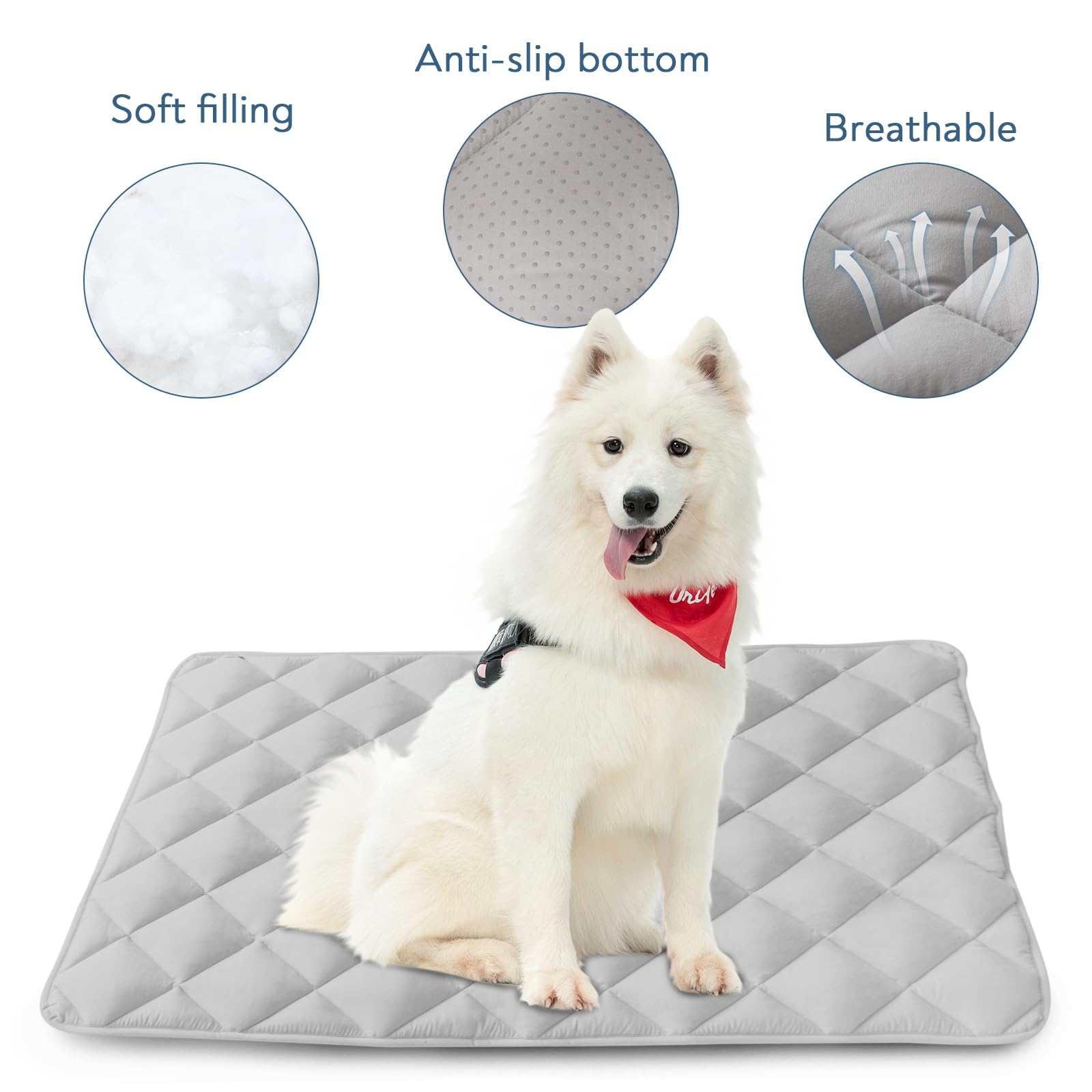 Magik & Kover crate pad with non-slip bottom staying put on hardwood floor