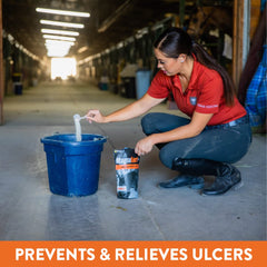 Magnagard Plus powder dispensing illustrates easy daily scooping for consistent feeding.