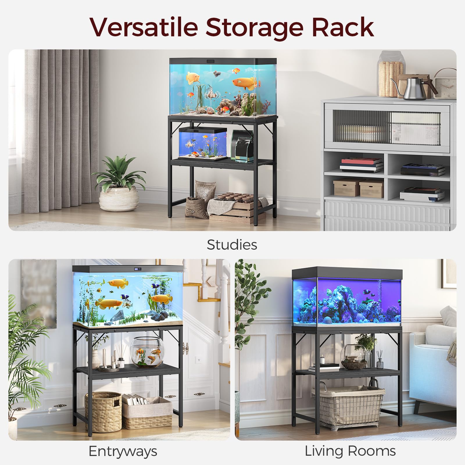 MAHANCRIS storage rack; holds books and decor alongside aquarium gear.