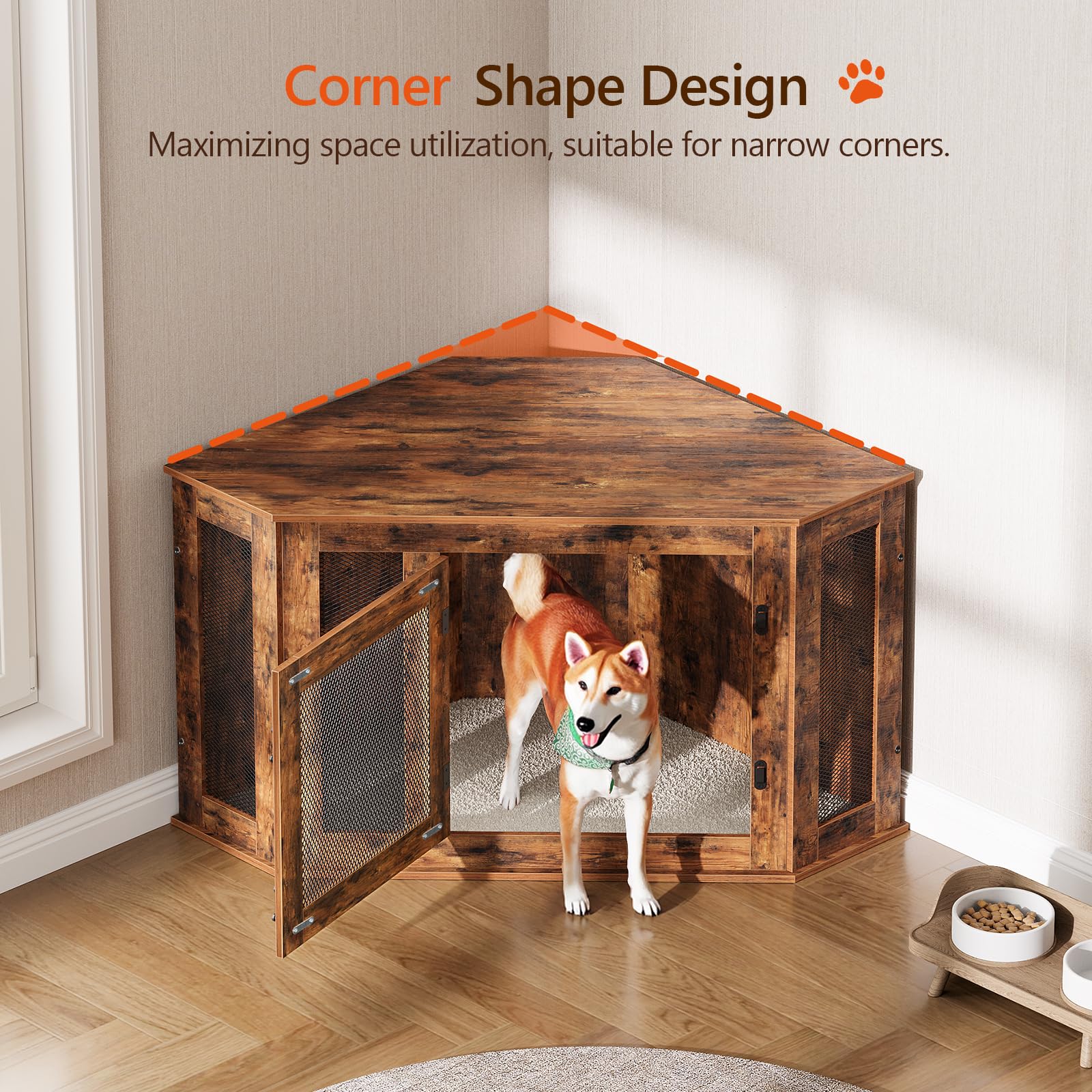 MAHANCRIS Corner Dog Crate corner-fit-wall arrangement demonstrates space-saving design.