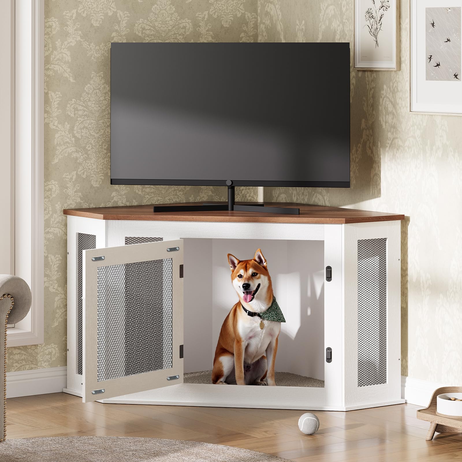 MAHANCRIS corner dog crate interior with dog inside for cozy retreat