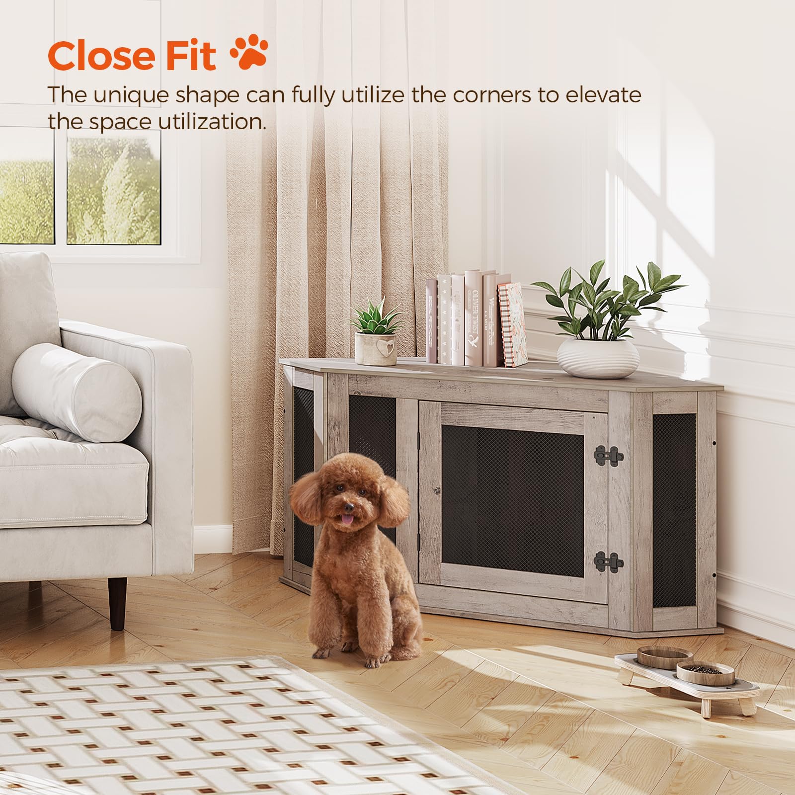 MAHANCRIS corner dog crate furniture assembly guide illustrates easy setup with included screws.