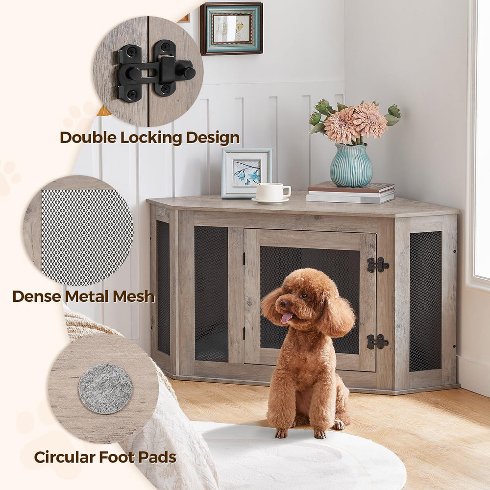 MAHANCRIS corner dog crate furniture dimensions highlight room-friendly footprint and fit.