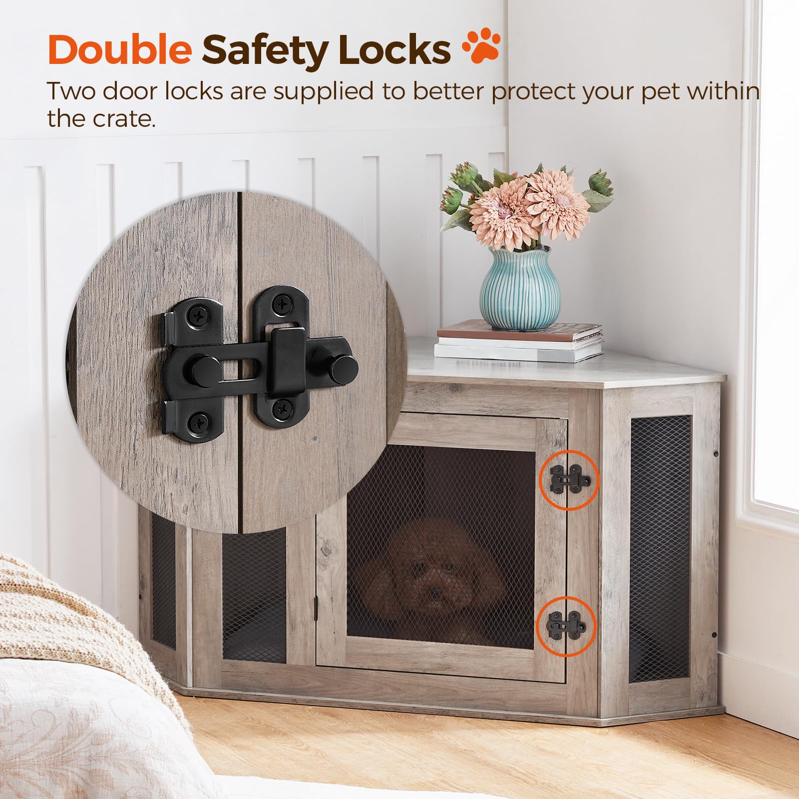 MAHANCRIS corner dog crate furniture dog inside image emphasizes cozy den and restful sleep.