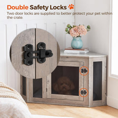 MAHANCRIS corner dog crate furniture dog inside image emphasizes cozy den and restful sleep.