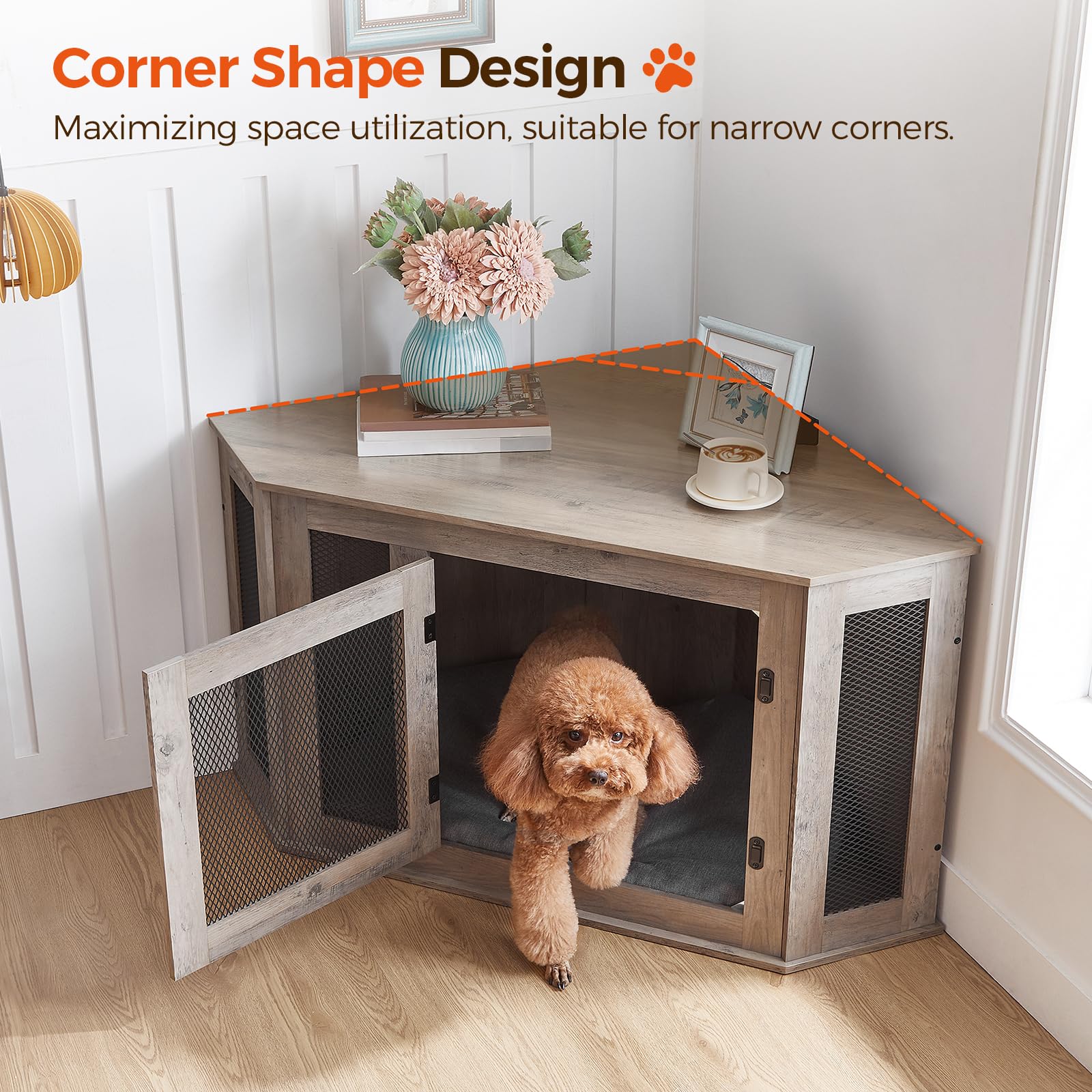 MAHANCRIS corner dog crate furniture placement in living area highlights versatile furniture use.
