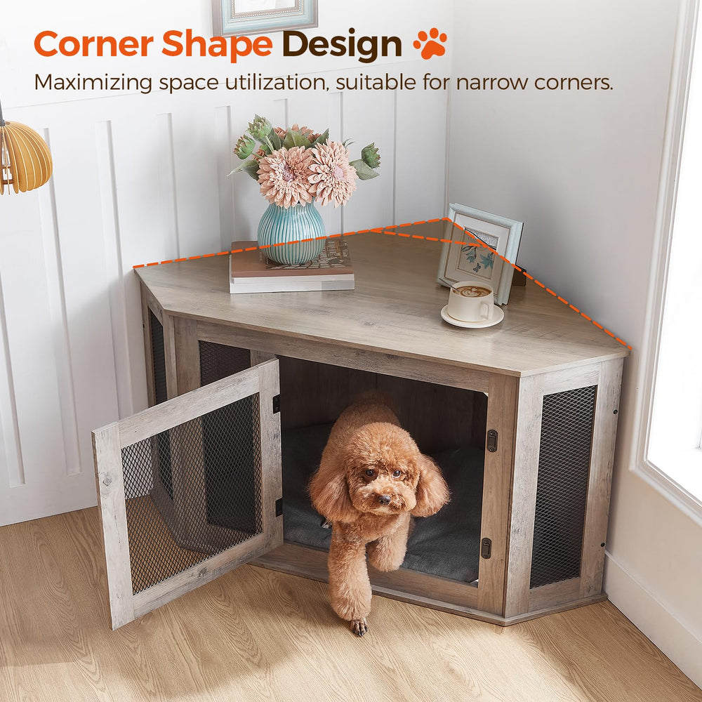 MAHANCRIS corner dog crate furniture placement in living area highlights versatile furniture use.