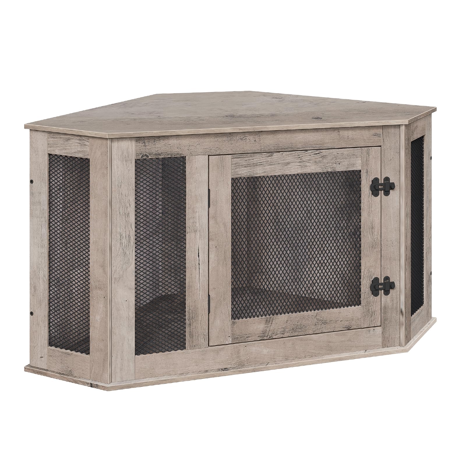 MAHANCRIS corner dog crate furniture side view demonstrates space-saving corner fit for small rooms.