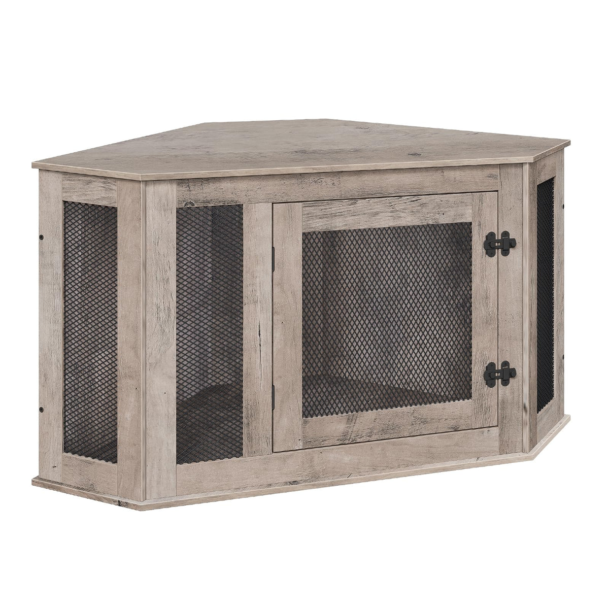 MAHANCRIS corner dog crate furniture side view demonstrates space-saving corner fit for small rooms.