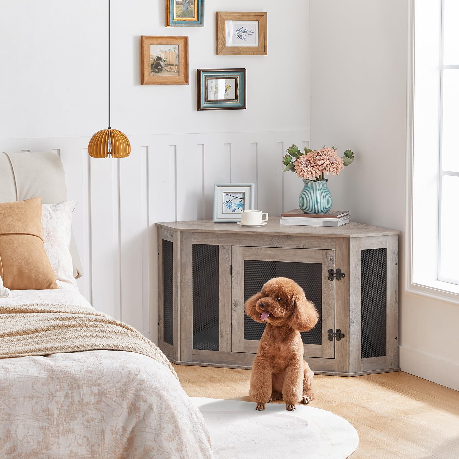 MAHANCRIS corner dog crate furniture ventilation mesh promotes air flow and pet comfort.