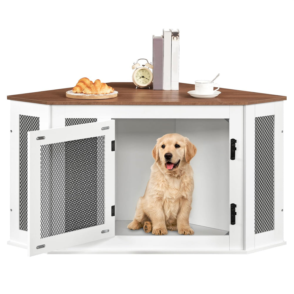 MAHANCRIS corner dog crate white-walnut finish complements modern interiors