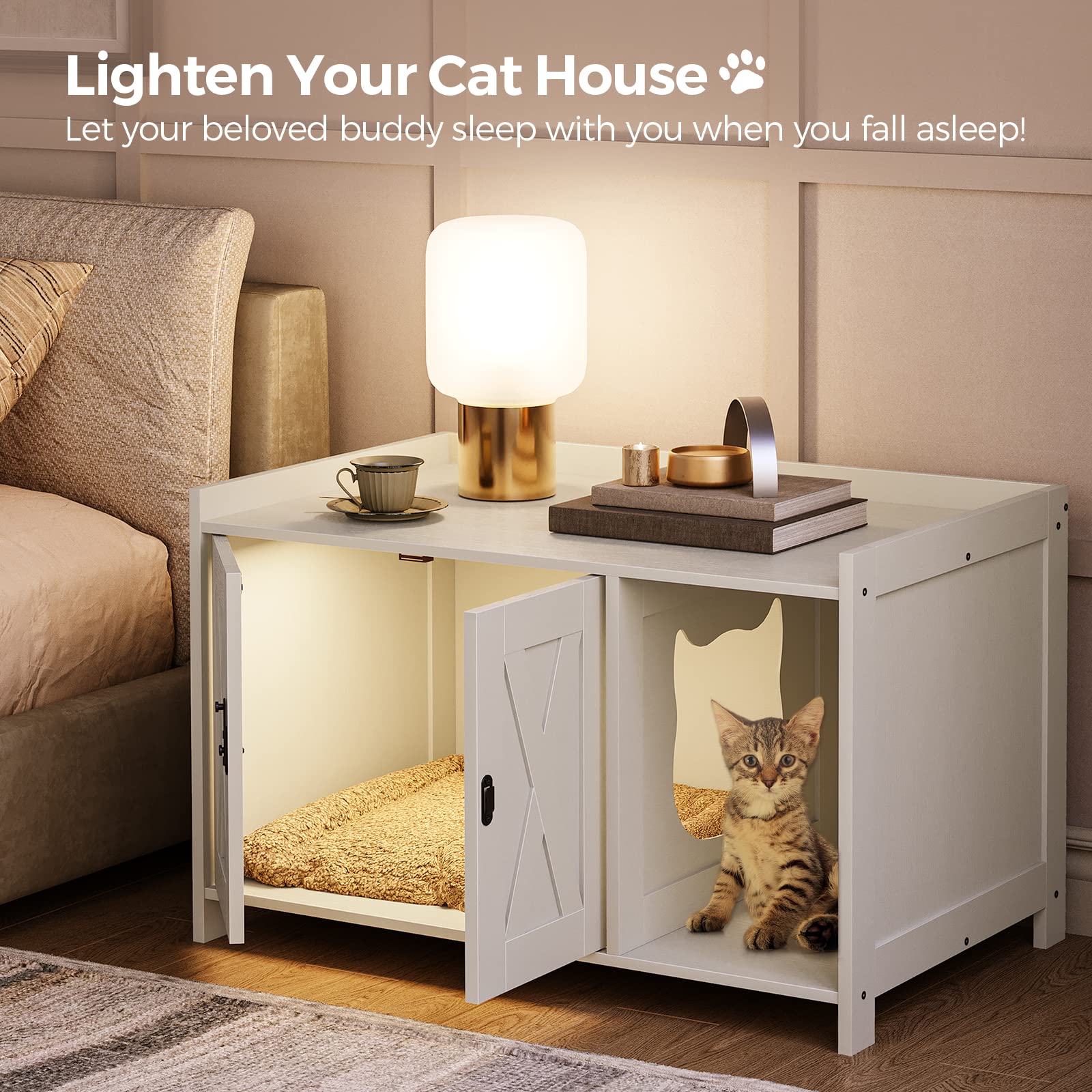 MAHANCRIS divider panel creates private cat nook within stylish furniture.