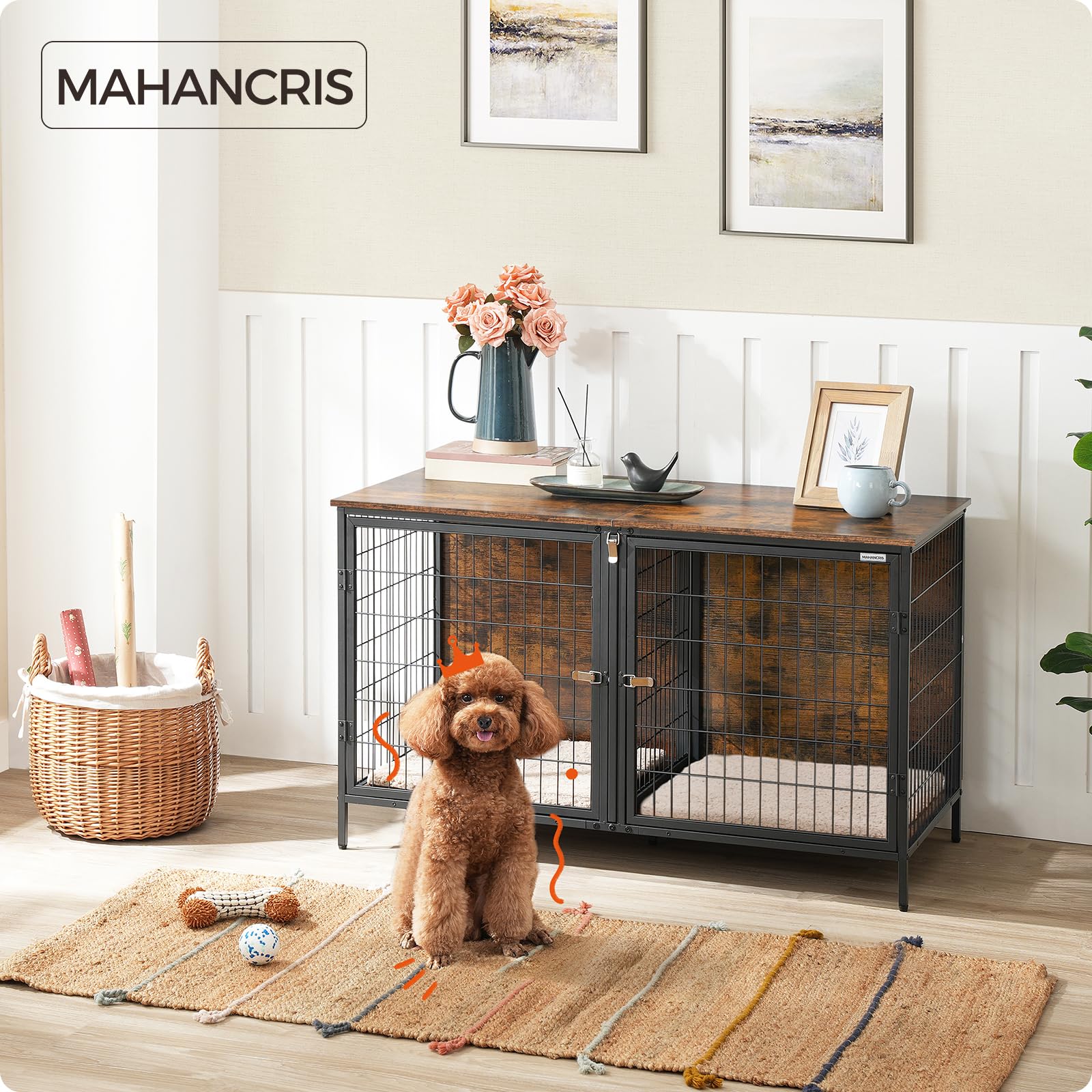 Mahancris dog crate furniture assembly in progress for quick setup.