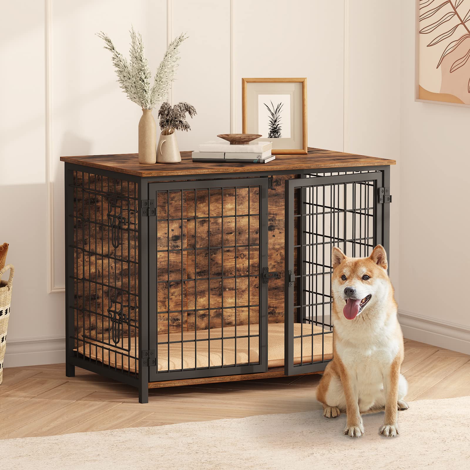 MAHANCRIS rustic brown finish blends with living spaces while housing a pet.