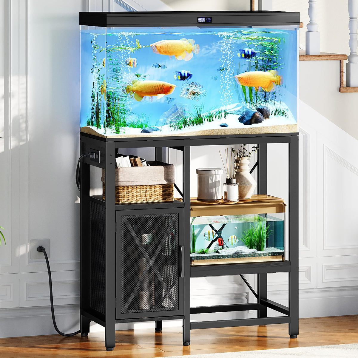 MAHANCRIS tank stand front view with built-in outlets for easy aquarium setup.