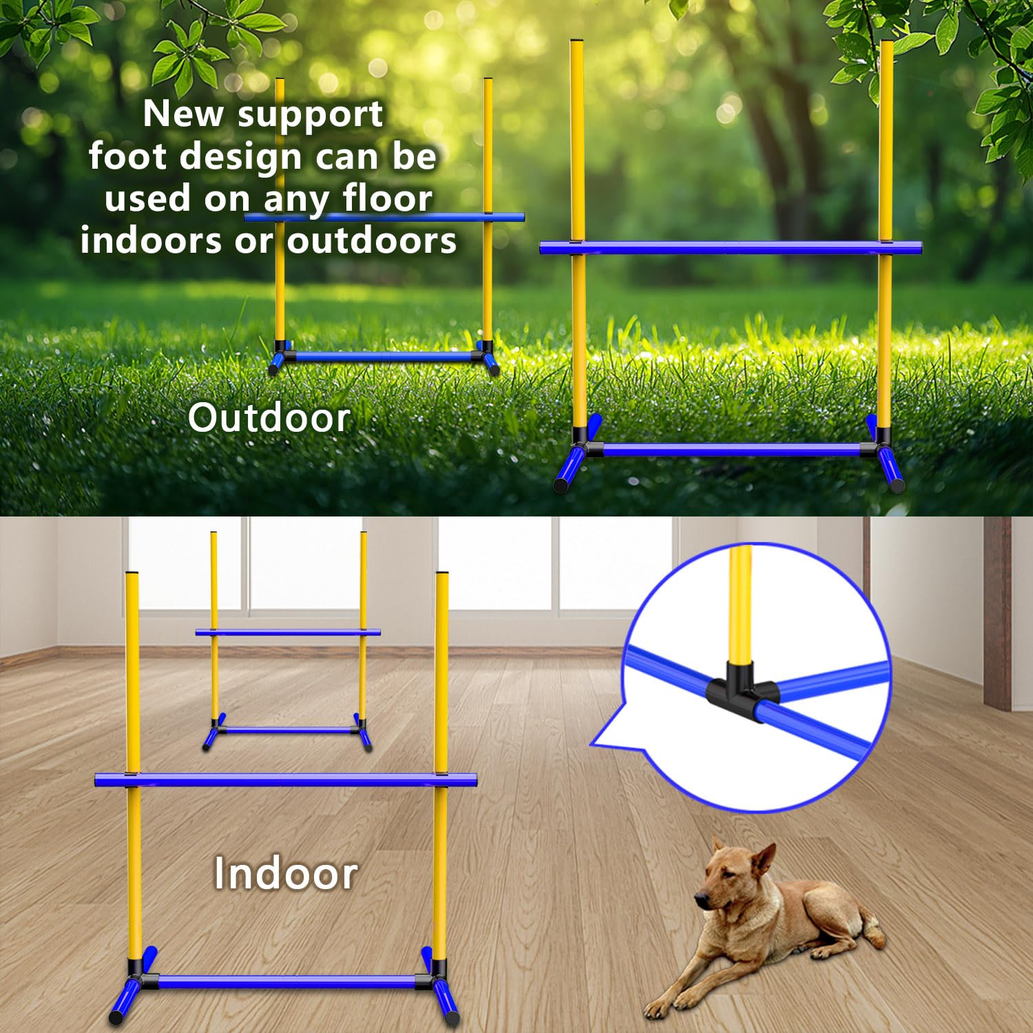 MAICOBI dog agility hurdles being used indoors for space-saving exercise.