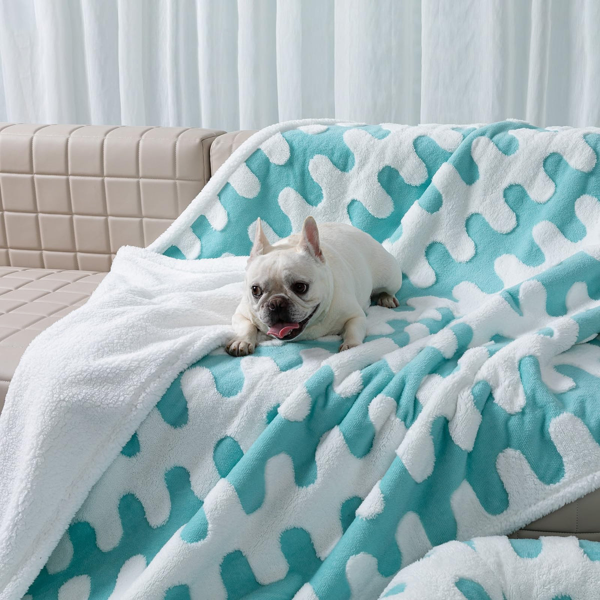 Maidewow waterproof pet blanket Blue Wave XS closeup showing spill protection for furniture.