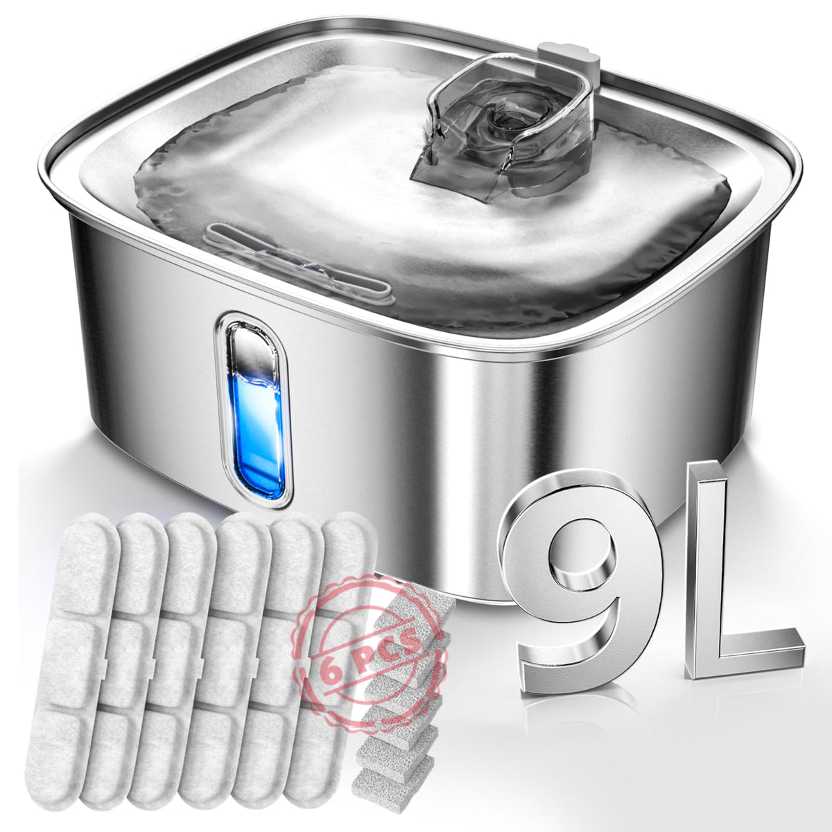 MAILOFY dog water fountain 9L front view shows sturdy stainless steel construction for reliable hydration.