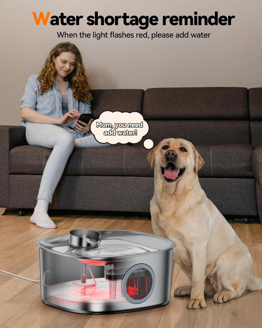 MAILOFY dog water fountain operates with ultra-quiet motor for peaceful spaces.