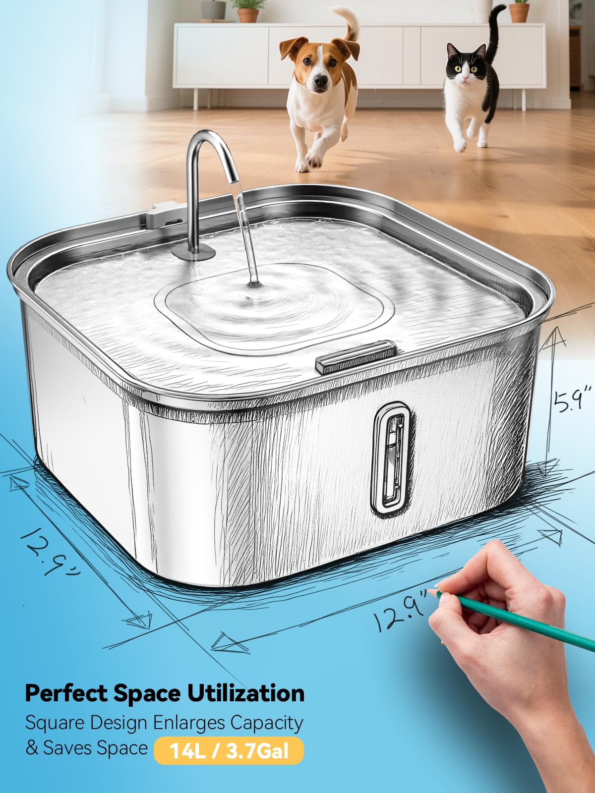 MAILOFY fountain with deeper, wider tray for less splash and adjustable drinking angles