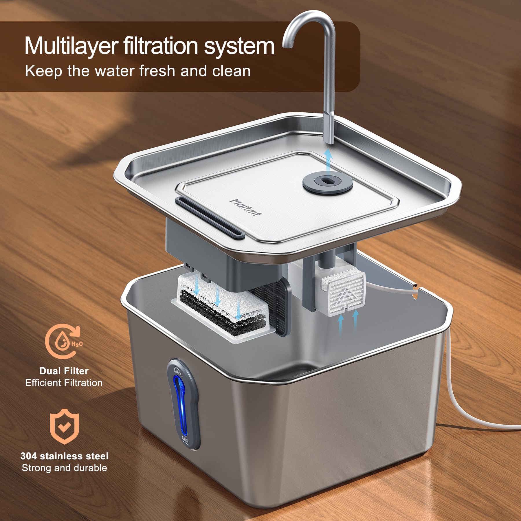 Maitmt stainless steel pet fountain built to resist scratches and clean easily
