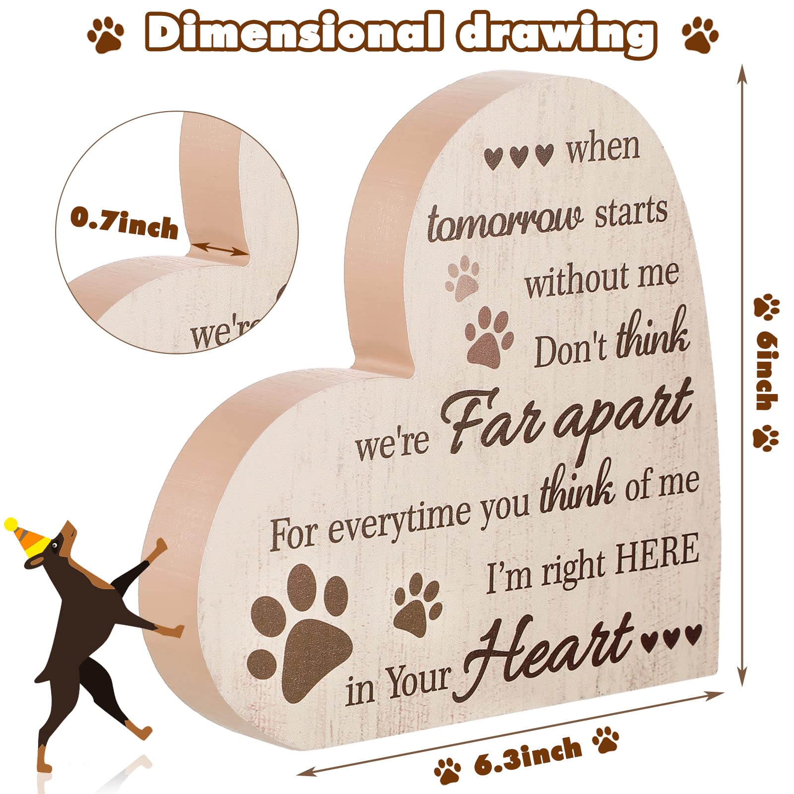 Maitys heart-shaped wood plaque with paw-print design for desk memorial.