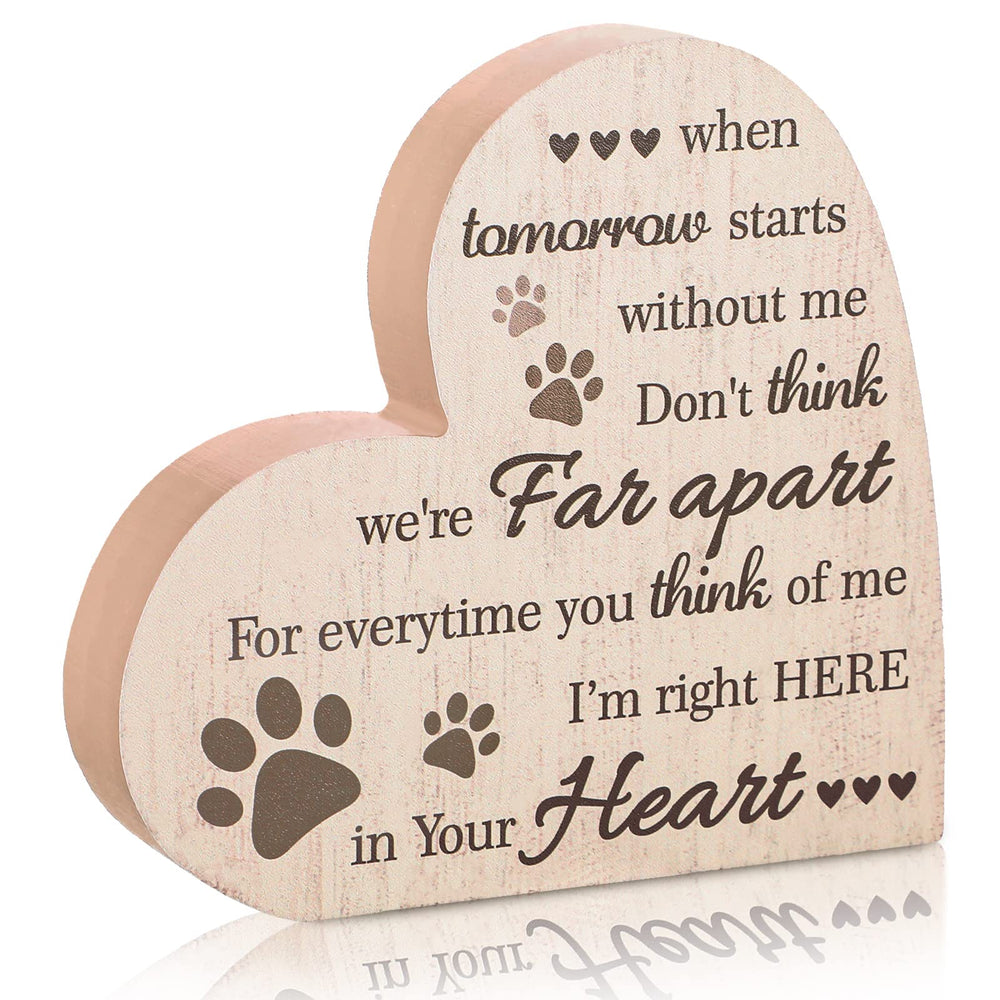 Maitys pet memorial heart-shaped wood sign with paw prints keeps memory alive.