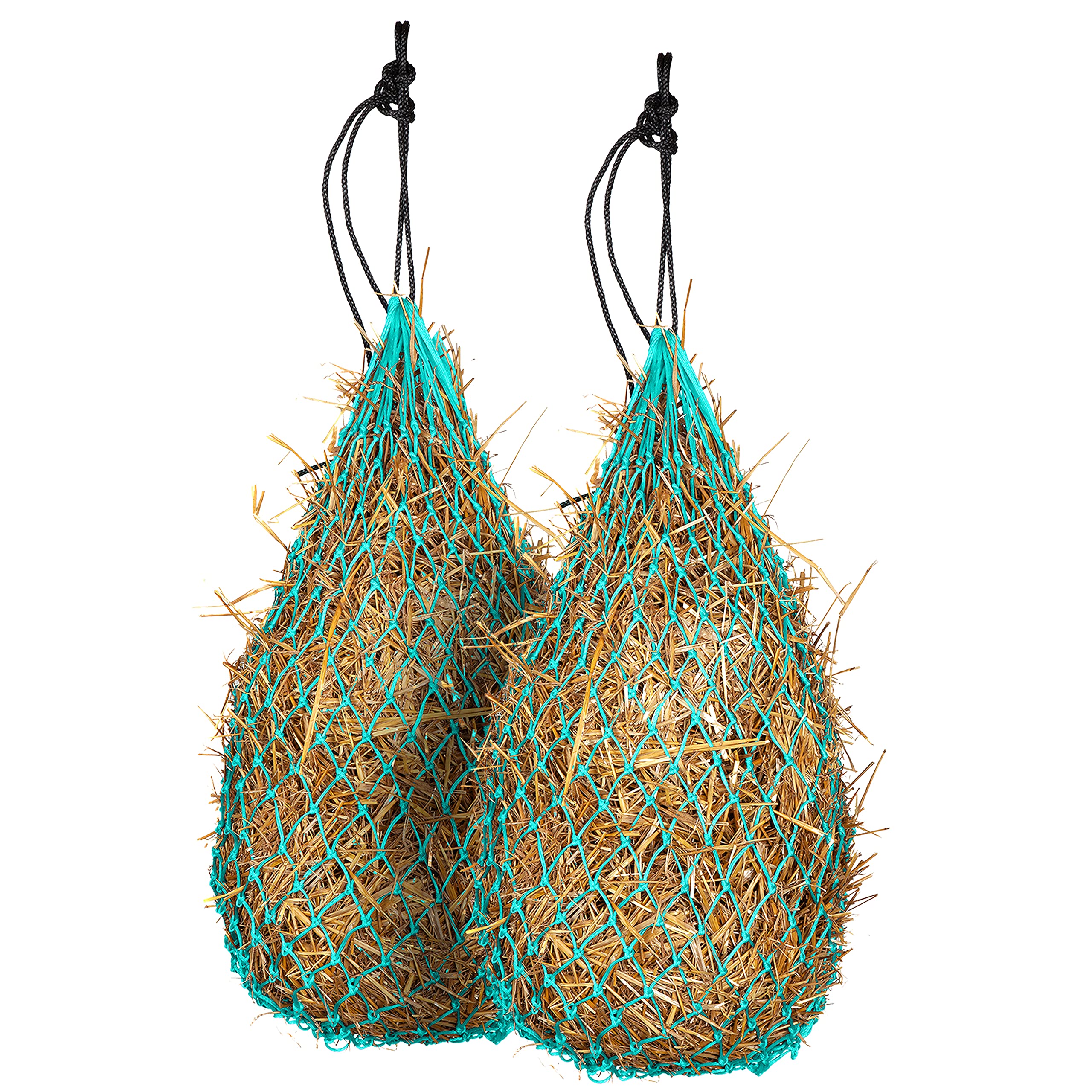 Majestic Ally turquoise hay net, 42 inches, 2x2 holes, promotes slow feeding and reduces waste.