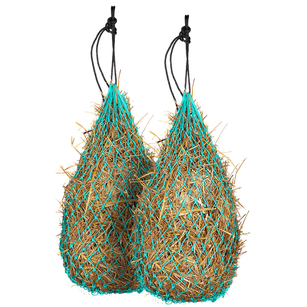 Majestic Ally turquoise hay net, 42 inches, 2x2 holes, promotes slow feeding and reduces waste.