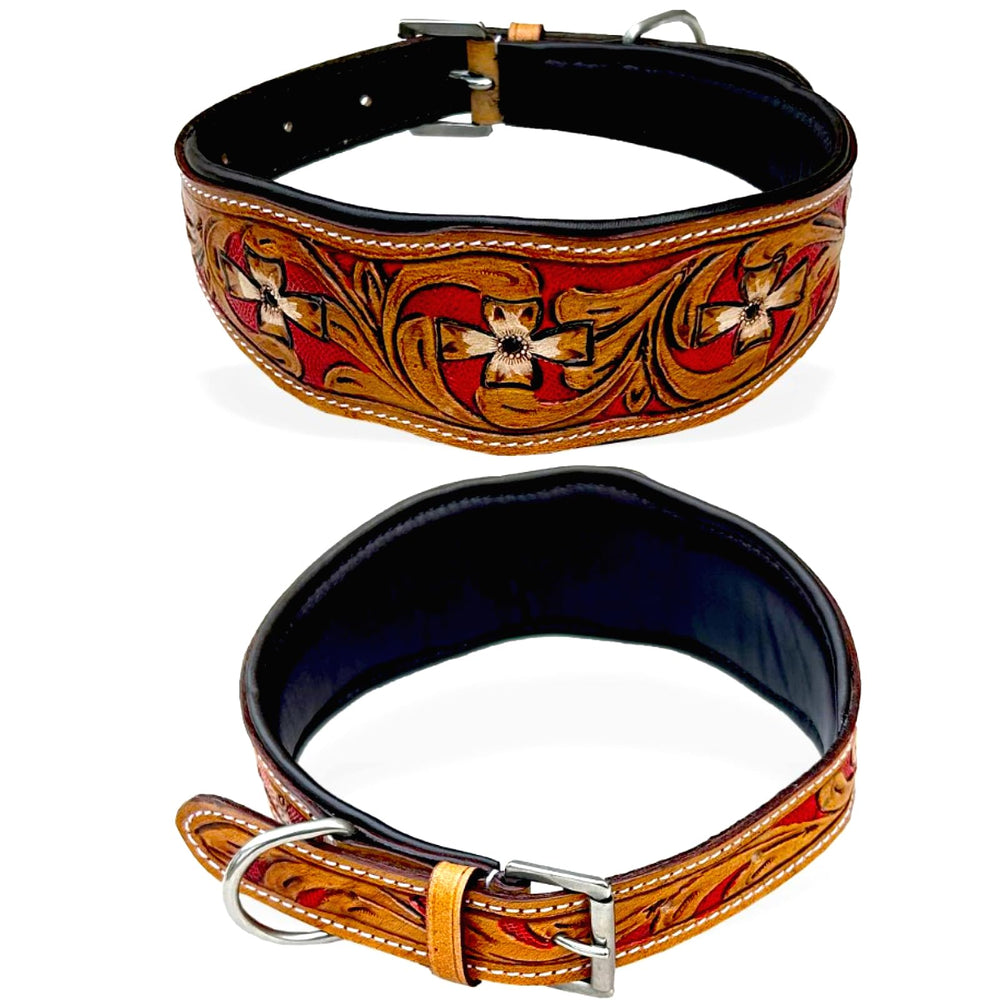 Majestic Ally leather dog collar closeup shows hand-tooled detail and durable leather for comfortable wear
