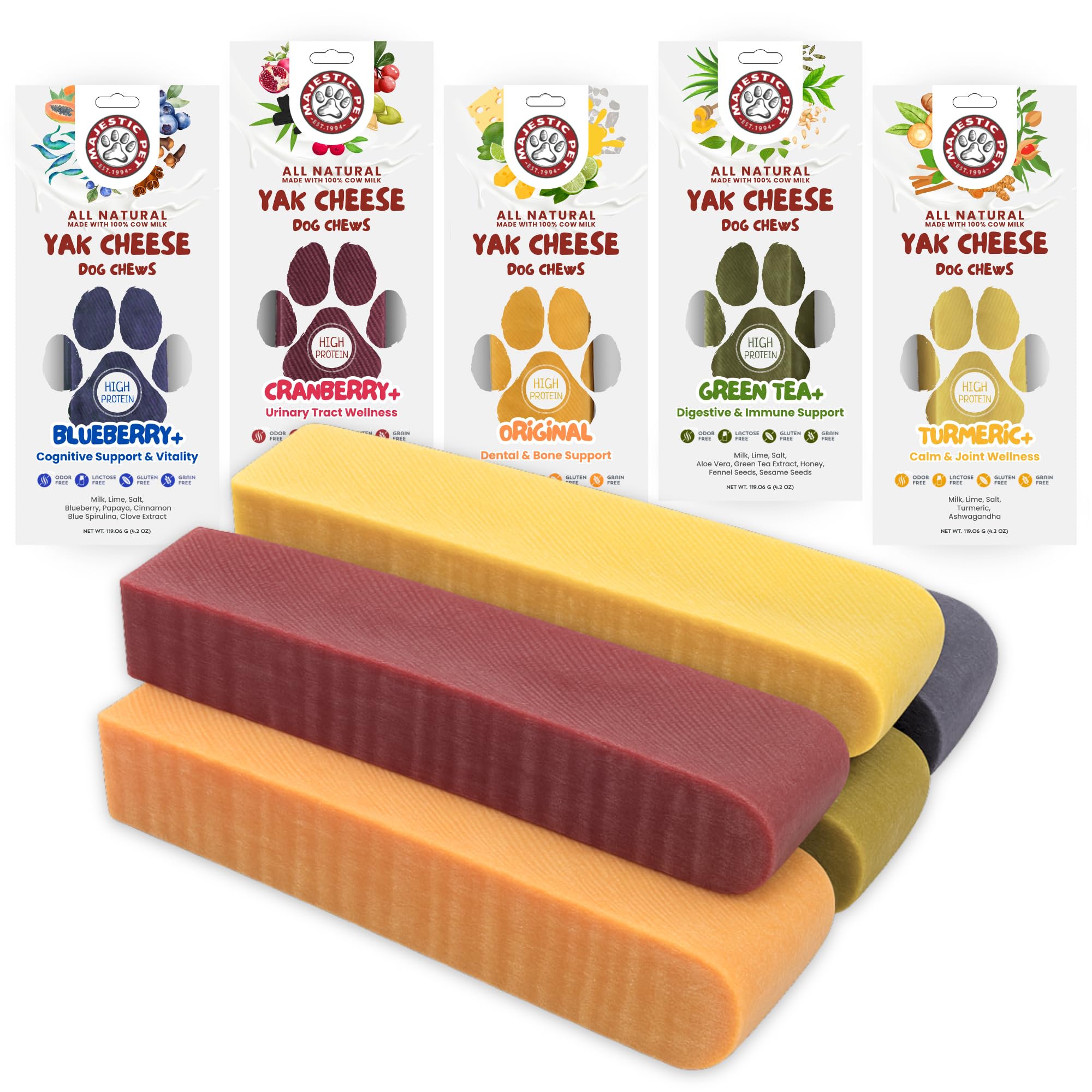 Majestic Pet Himalayan chews packaging highlights all-natural ingredients and durable dog snacks.