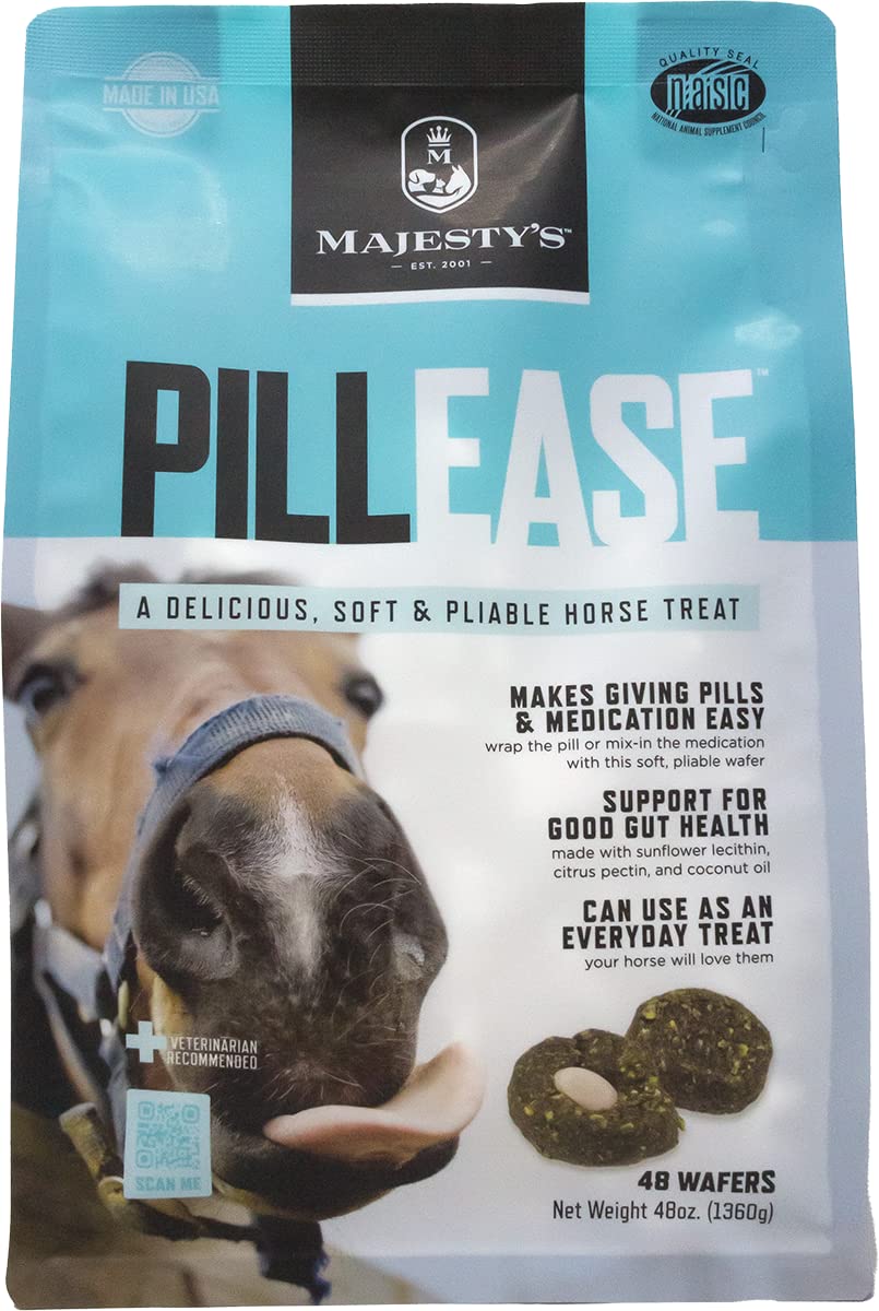 Majesty's PillEase shown in a horse-feeding scenario during medication time.