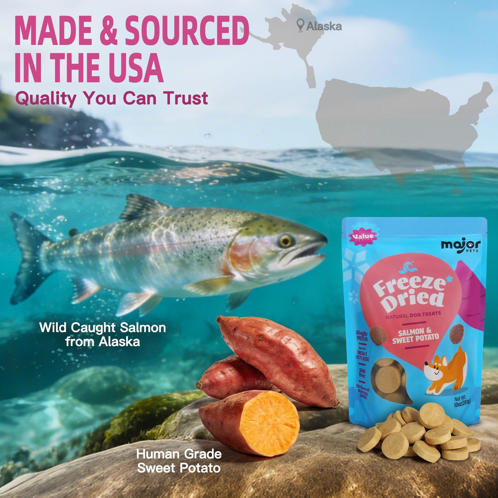 MAJOR PETS USA-made resealable pouch—freshness preserved with grain-free salmon.