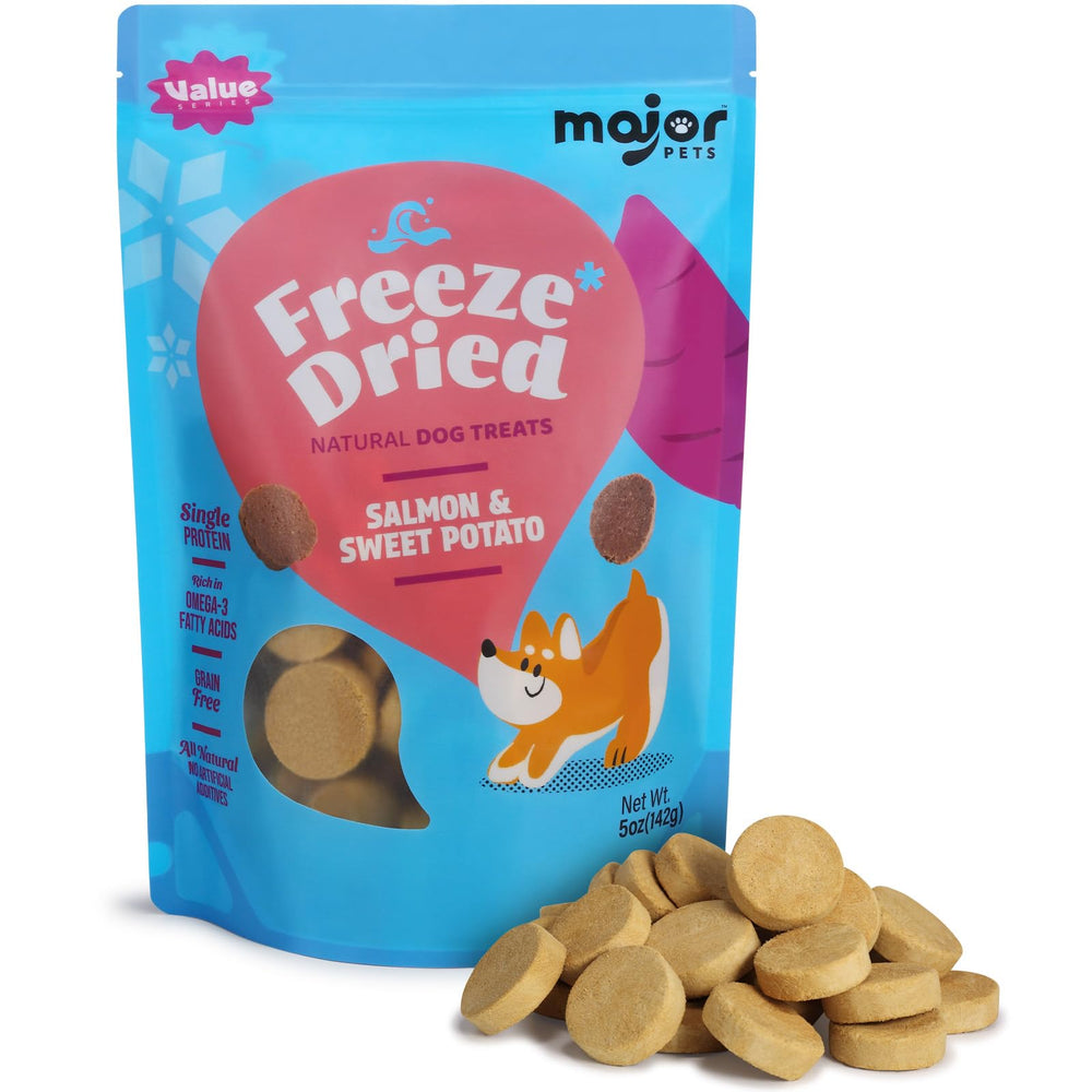 MAJOR PETS Freeze Dried Dog Treats wild-caught salmon pack closeup—protein-rich snack.