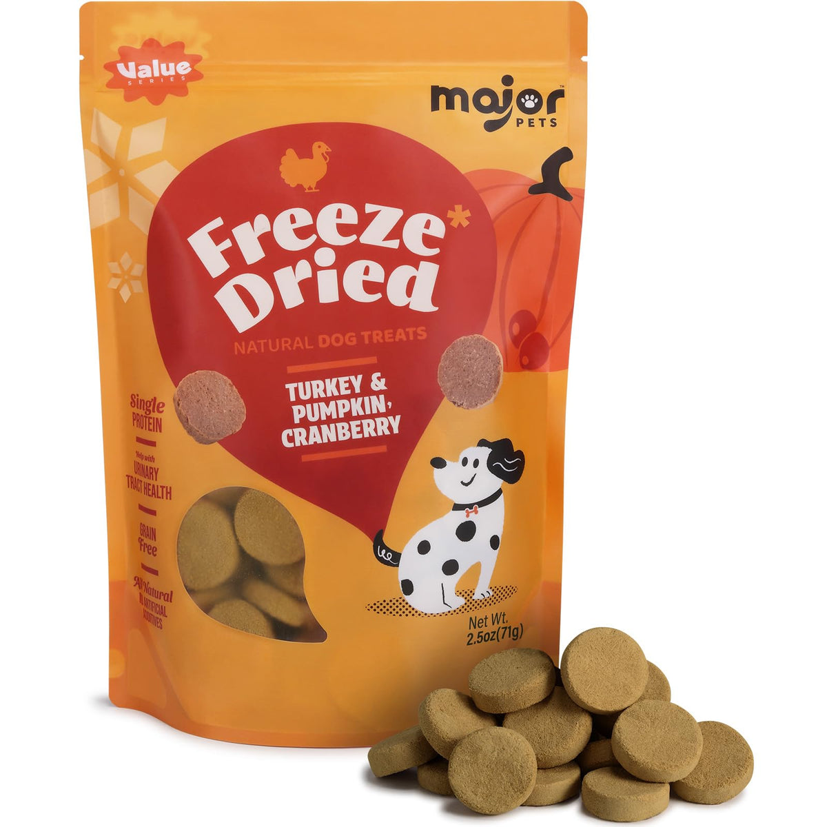 MAJOR PETS freeze-dried turkey-pumpkin-cranberry treat round close-up for protein-rich rewards