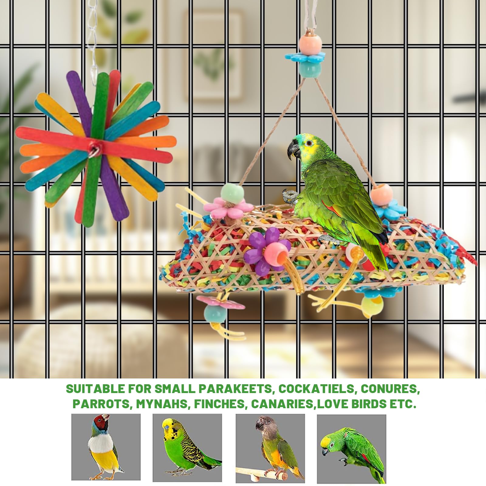 MAJUSTA cage-decor bird toys brighten cages with vibrant, easy-to-hang entertainment.