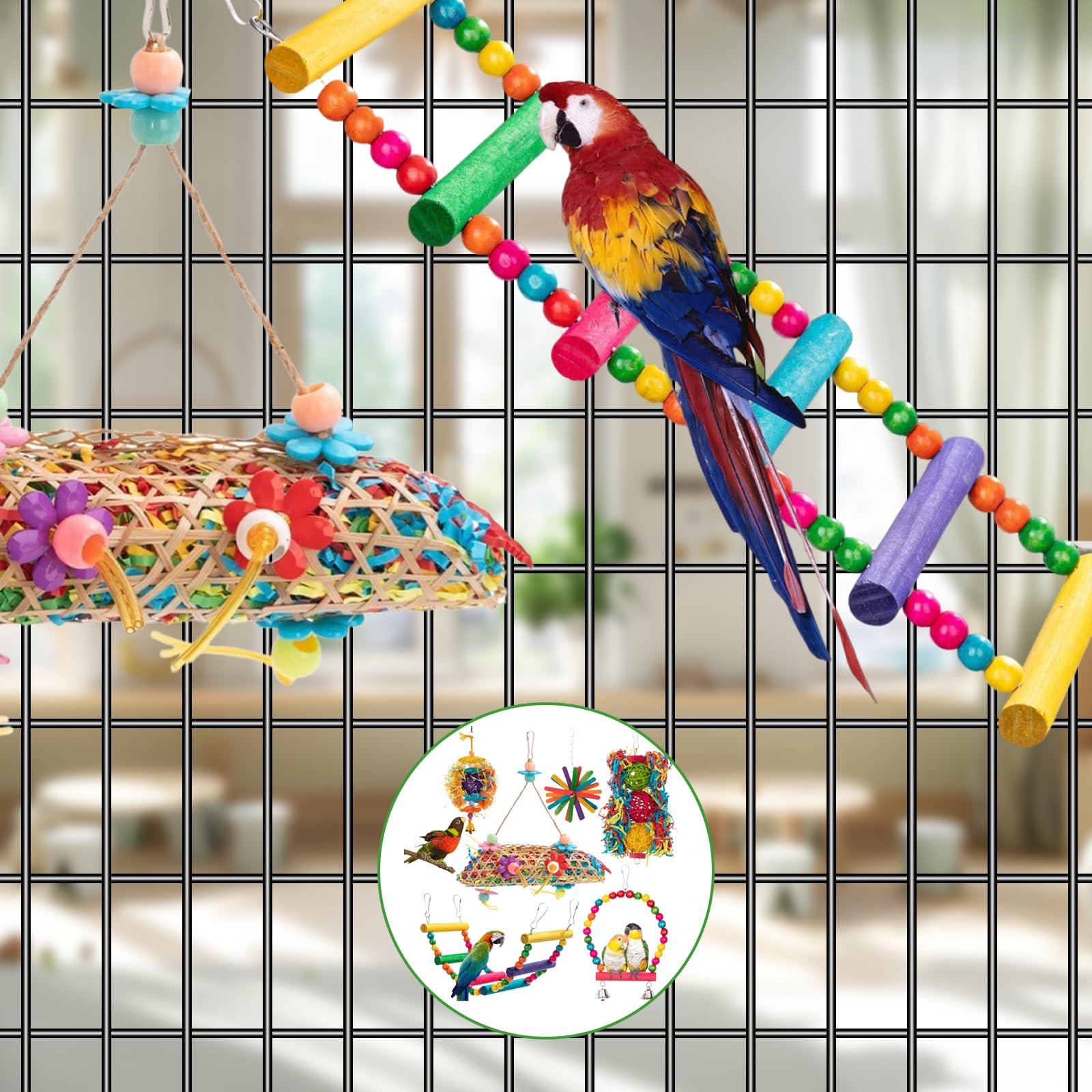 MAJUSTA colorful chewing toys encourage safe chewing and play for parrots.