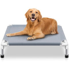 Makerfire elevated cooling dog bed assembly shows quick setup for outdoor use