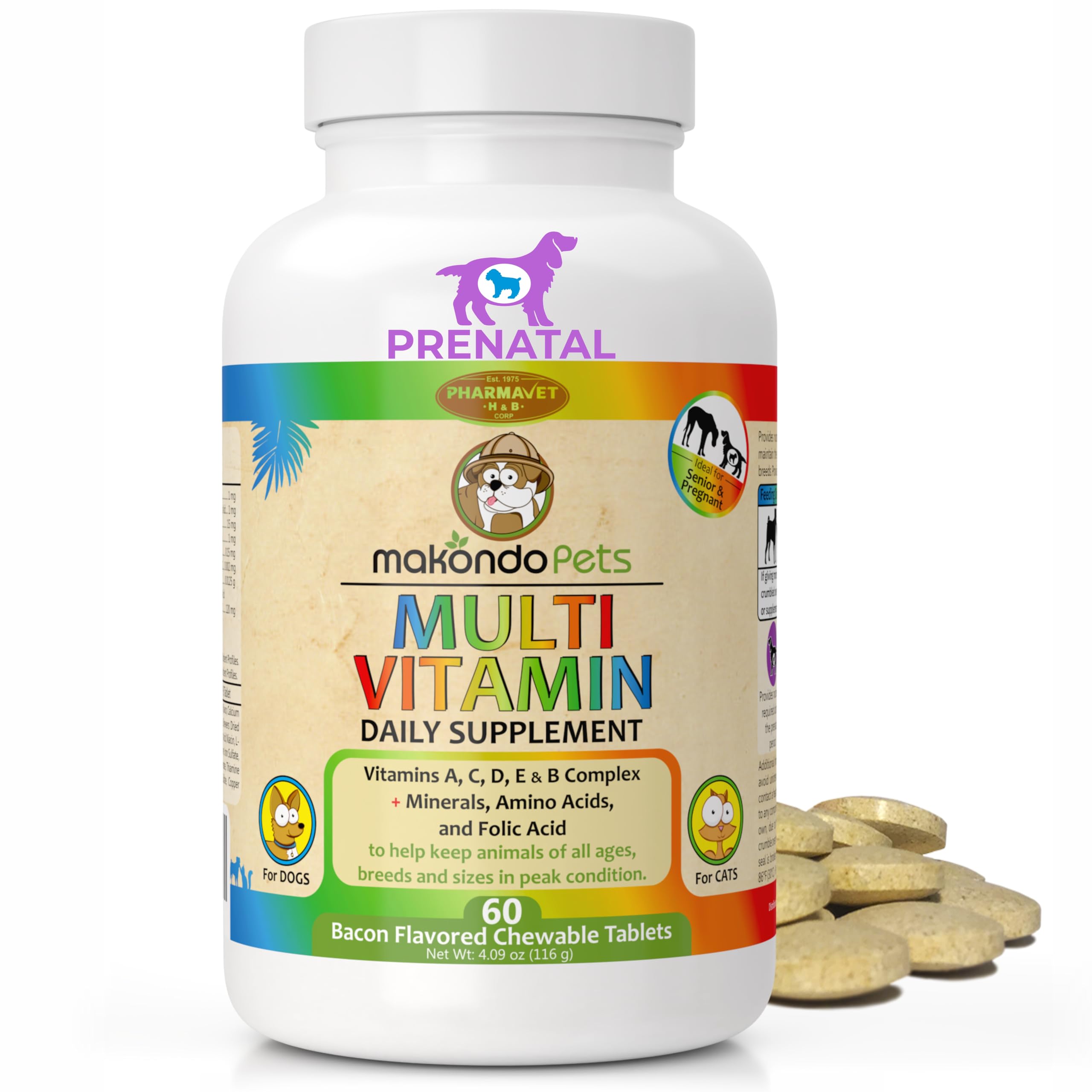 Makondo Pets prenatal dog vitamins bottle highlighting full-spectrum nutrients for pregnant dogs.