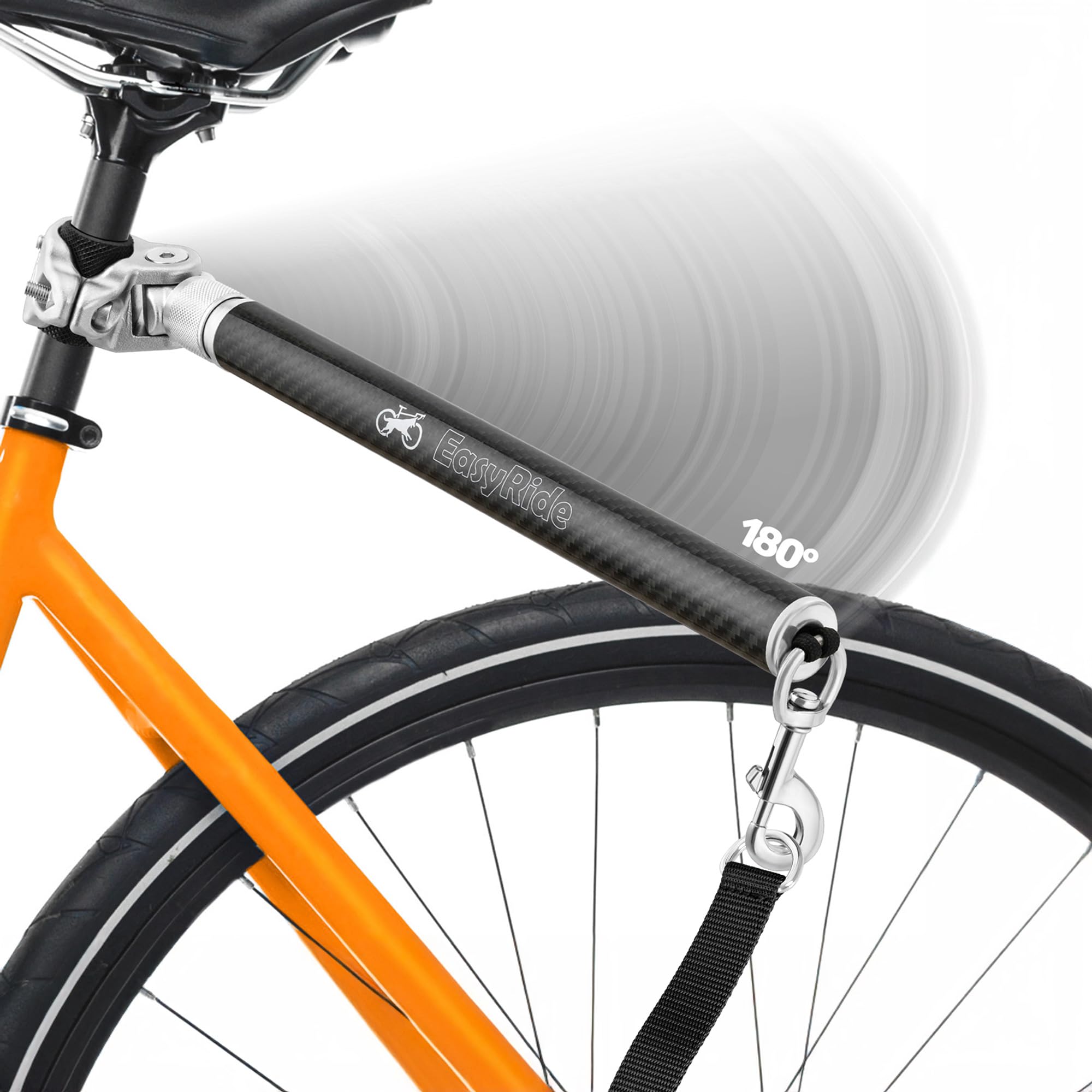 Malabi rotating dog bike leash assembly shows patent-pending design for smoother rides.
