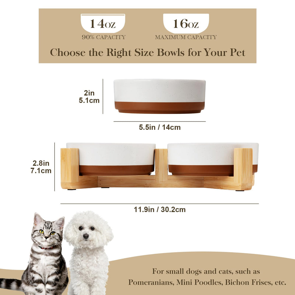 MALACASA ceramic dog bowl with wood stand, side view, stable base minimizes sliding.